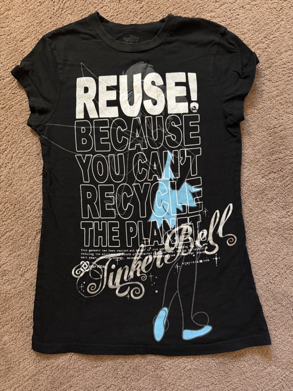 ••SOLD** Tinkerbell REUSE! Graphic Tee - Black with Blue & White Print